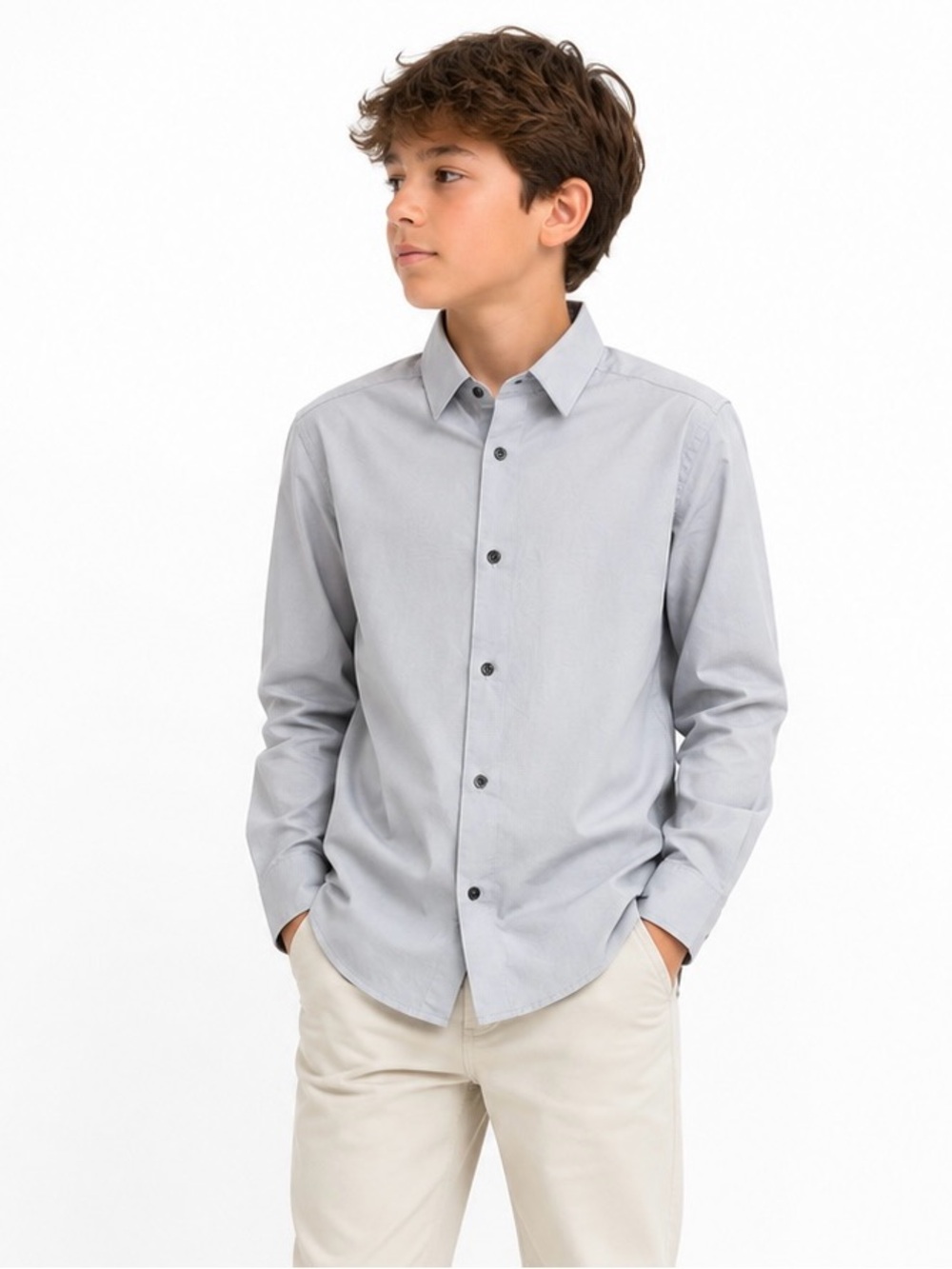 Calvin Klein Boys Slim Fit Stretch Dress Shirt Gray Gray Long Sleeve 12 Regular